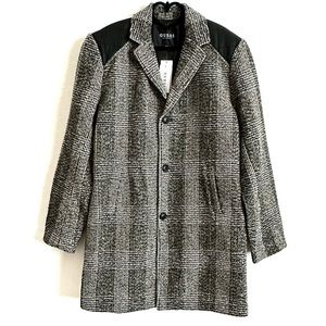 Guess Black White Plaid Tweed Faux Leather Trim Coat Jacket Size Large
